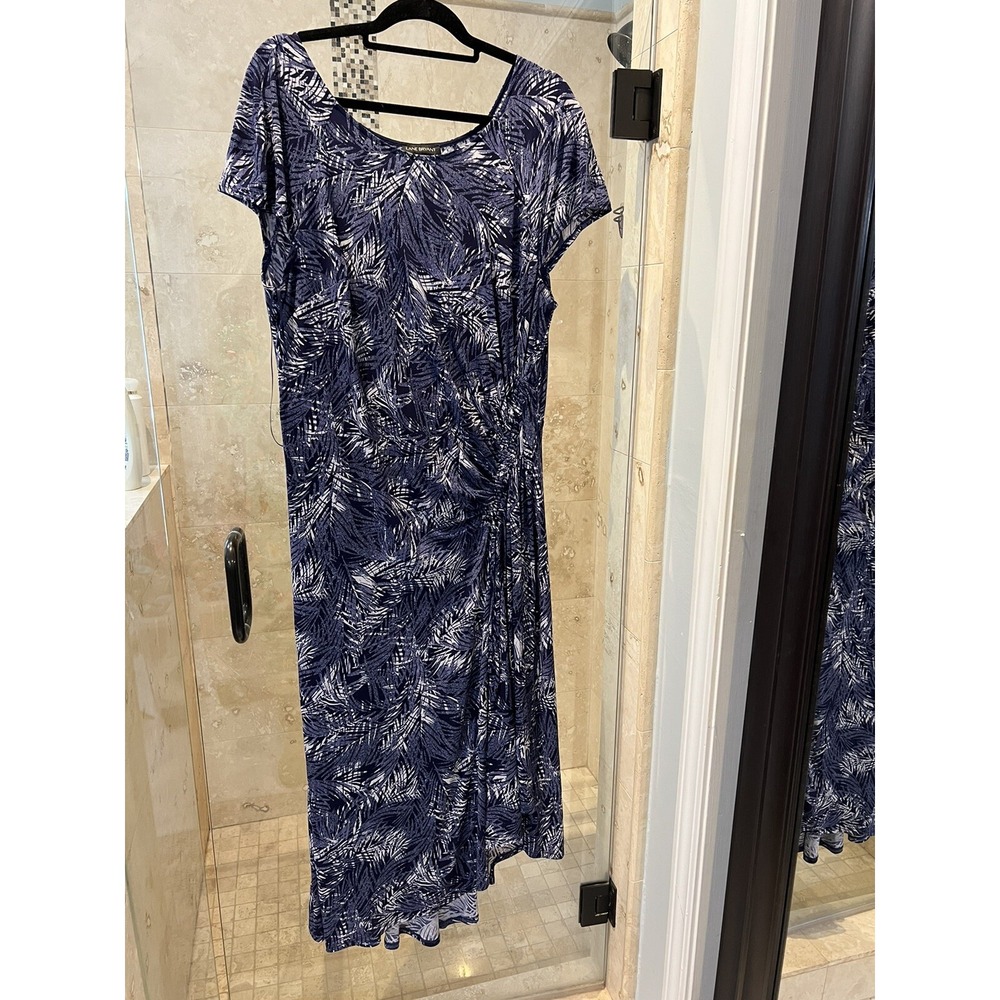 Lane Bryant Maxi Dress 18/20 Short Sleeve Jersey White Batiks Asymmetrical Blue
